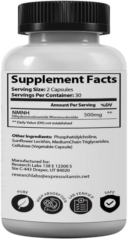 Research Labs Liposomal NMNH (NMN Supplement Alternative) 500mg Per Serving | 60 Capsules (Dihydronicotinamide Mononucleotide) NAD Supplement to Boost NAD+ Levels for Anti Aging