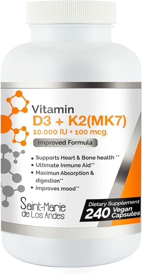 Vitamin D3 10,000 IU K2/MK7 100 mcg. High Potency Supplement 8 Months Supply. Non-GMO for Bone, Heart & Immune Support.