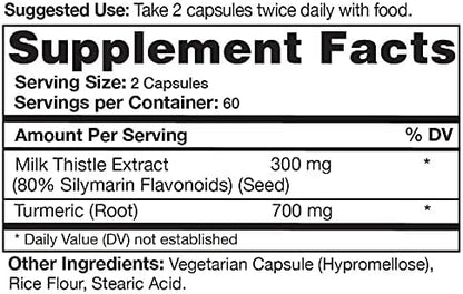 Milk Thistle Extract (80% Silymarin Flavonoids) Plus Turmeric - 120 Capsules