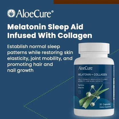 AloeCure Natural Melatonin + Collagen with Organic Aloe Vera - Natural Sleep Aid Supplement for Restful Nights - Collagen Complex for Joint Strength, Skin Elasticity, Hair & Nail Growth, 30 Capsules