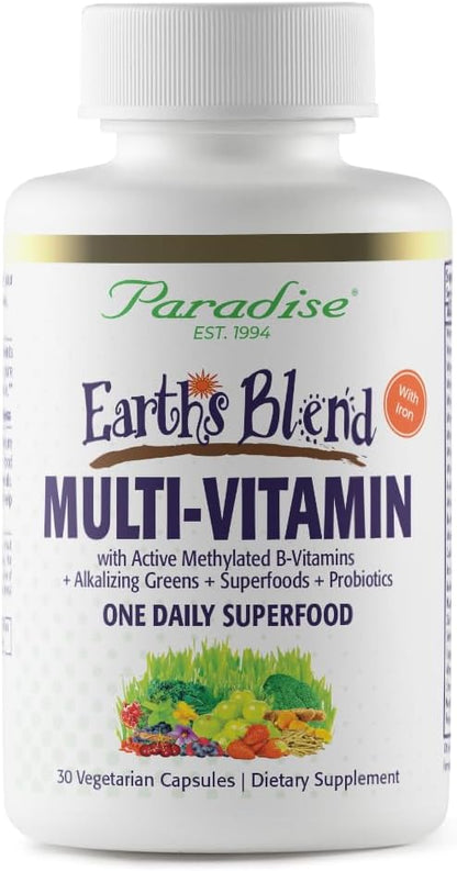 Paradise Herbs Earth's Blend Women's One Daily Multivitamin with Iron, 48 Organic Superfoods, Probiotics, Antioxidants, Vitamins A, B12, C, D, K2, Daily Superfood, 30 Capsules