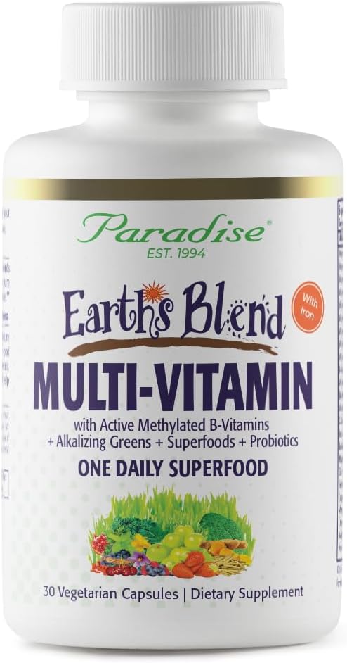 Paradise Herbs Earth's Blend Women's One Daily Multivitamin with Iron, 48 Organic Superfoods, Probiotics, Antioxidants, Vitamins A, B12, C, D, K2, Daily Superfood, 30 Capsules