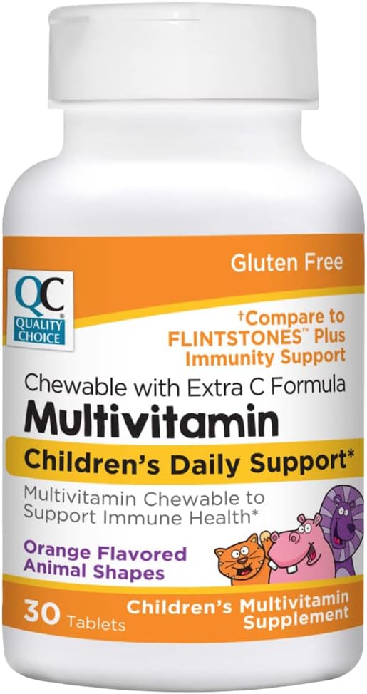 Quality Choice, Chewable Animal Shaped Children's Multivitamin with Extra Vitamin C, Children's Daily Support Orange Flavored Multivitamin Immune Health Supplement, 30 Count Bottle