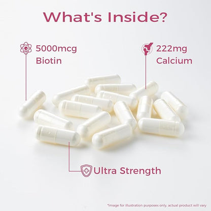 Extra Strength Biotin 5000 MCG, 60 Capsules for Hair, Skin, Nail & Bone Health, Non-GMO & Gluten-Free, High-Potency Biotin Supplement (2-Month Supply)
