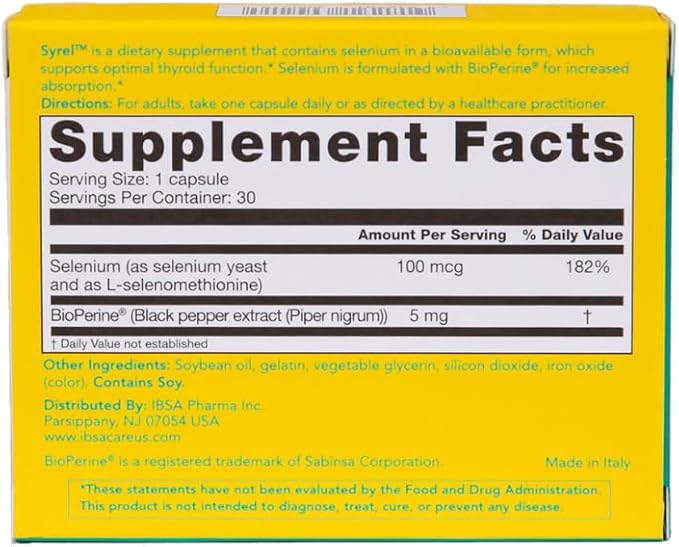 Syrel - Thyroid Support Supplement – 100mcg Selenium and 5mg BioPerine - 30 Soft- Gel Caps for Increased Bioavailability and Absorption - Gluten-Free, Lactose-Free, Sugar-Free, Non-GMO