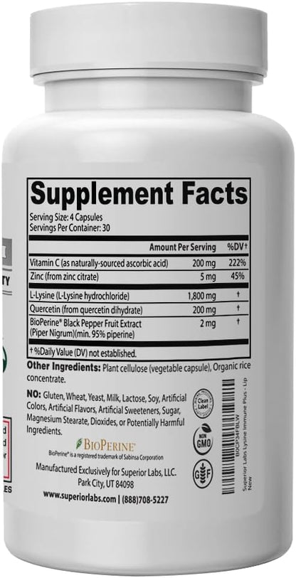 Superior Labs Lysine Immune Plus - Lip. Clinically Proven Lip Health & Support. L-Lysine Bound to HCI for Optimal Stability & Absorption for Fast Results. Bioactive with Zero Harmful Additives