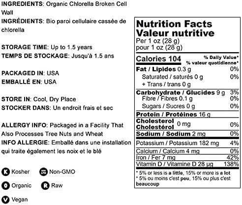 Food to Live Organic Chlorella Powder, 8 Ounces — Non-GMO, Kosher, Raw Green Algae, Vegan Superfood, Bulk, Pure Vegan Green Protein, Rich in Vitamins and Minerals, Great for Drinks, Broken Cell Wall
