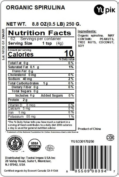 Yupik Organic Spirulina Superfood, 8.8 Ounce, Non-GMO, Vegan, Gluten-Free
