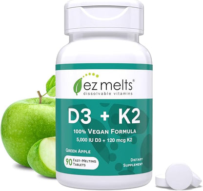 EZ Melts Dissolvable Vitamin D3 K2 5,000 IU, Bone & Joint Support, Sugar-Free, 3-Month Supply