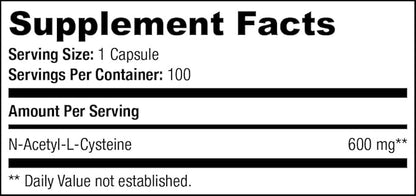 N-Acetyl-L-Cysteine (NAC), Immune, Respiratory, Liver Health, NAC 600 mg, Potent antioxidant Support, Free-radicals, Easy to Absorb, 100 Capsules