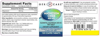 GeriCare Magnesium Oxide Supplement 240 mg - Elemental Magnesium, 120 Coated Tablets – Essential Mineral Support - Promotes Vascular Health, Bone Strength, and Muscle Function (Pack of 6)