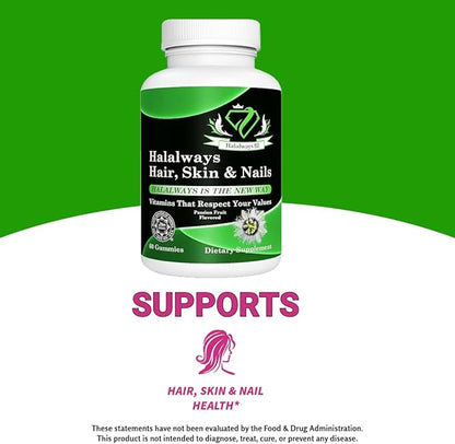 Halalways Hair, Skin & Nails Gummy Certified Halal Supplement Optimal Solutions Hair, Skin and Nails Gummies with Biotin 6000 mcg, Folate,Passion Flavored
