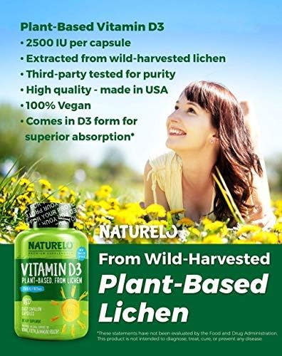 NATURELO Vitamin D - 2500 IU - Plant Based from Lichen - Natural D3 Supplement for Immune System, Bone Support, Joint Health - Vegan - Non-GMO - Gluten Free - 180 Capsules (Pack of 2)
