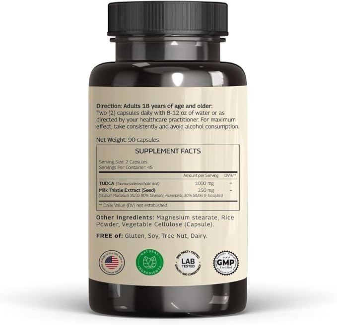 TUDCA Milk Thistle 1250mg - Tudca 1000mg, Tudca Bile Salts, Liver Support, Gallbladder Supplements *USA Made and Tested*, Tudca Supplement, Bile Salts Supplement - 90 Capsules 45 Servings