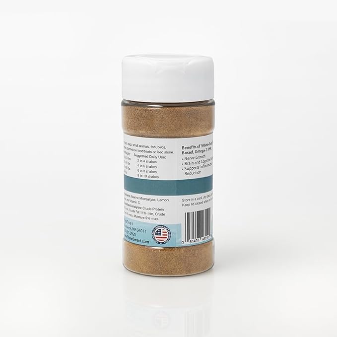 Omega-3 Krumble DHA for Pets, in 100 Gram Shaker Top Jar. Pure Un-extracted Marine Micro-Algae Provides Pets Complete Whole Food derived Essential Fatty Acids for Total Body Support.