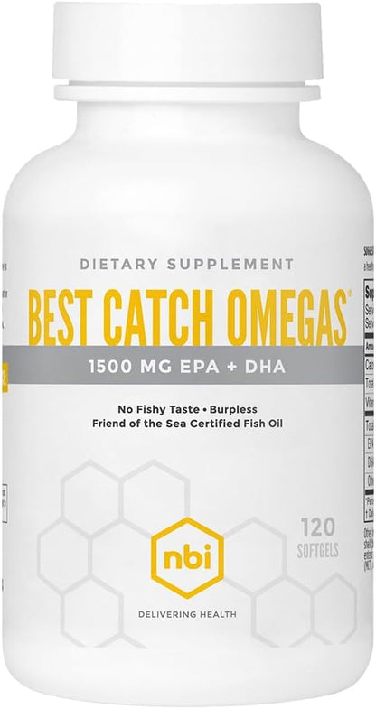 Best Catch Omegas High Potency Omega-3 | EPA + DHA for Heart, Brain Support | Best Absorption | Sustainably Sourced | Burpless Formula | Natural Lemon Scent | 120 Softgel Capsules
