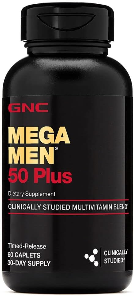 GNC Mega Men 50 Plus Multivitamin Caplets, Clinically Proven, Heart & Prostate Health, B Vitamins, Saw Palmetto, Memory, Vitamin D-3, 60 count