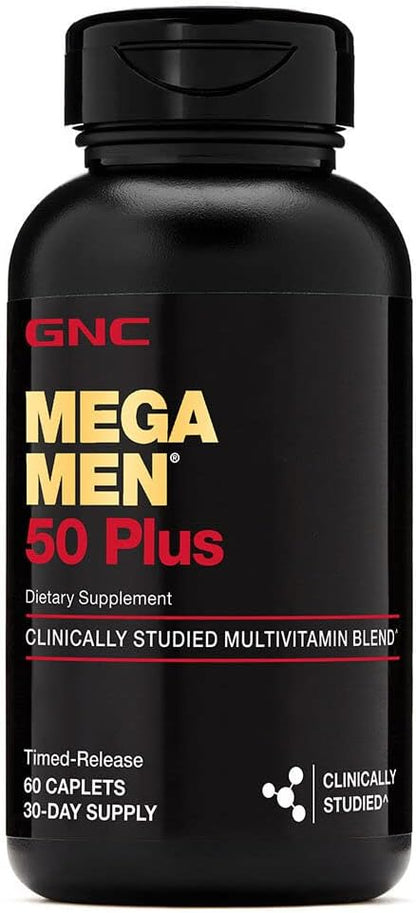 GNC Mega Men 50 Plus Multivitamin Caplets, Clinically Proven, Heart & Prostate Health, B Vitamins, Saw Palmetto, Memory, Vitamin D-3, 60 count