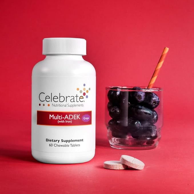 Celebrate Vitamins Multi ADEK Chewables, 60mg Iron - Daily Bariatric Multivitamin, Vitamins A, D, E, K & B12 for Duodenal Switch Surgery Patients - Grape (60 Tablets)