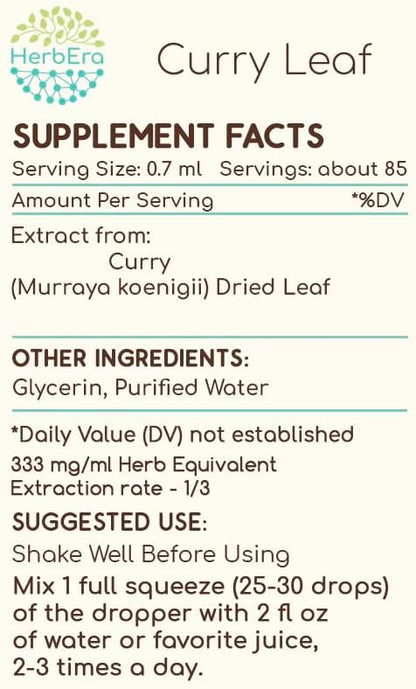 Curry Leaf B60 Alcohol-Free Herbal Extract Tincture, Concentrated Liquid Drops Natural Curry Leaf (Murraya koenigii) Dried Leaf (2 fl oz)