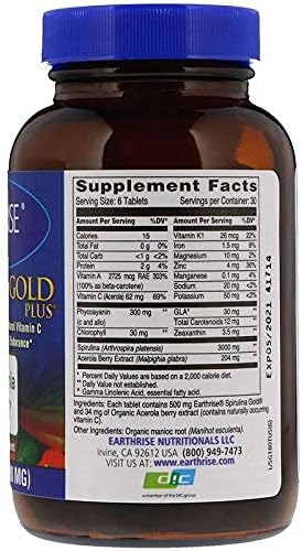 Earthrise Spirulina Gold Plus 500mg Tablet 180 counts, Natural Premium Spirulina from California- Vegan, Gluten Free, Keto Friendly, Non -GMO Super Food high in vitamins & minerals.