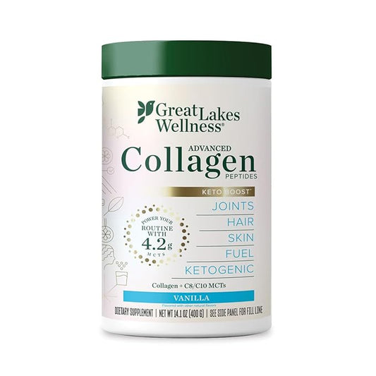 Great Lakes Wellness Keto Boost Advanced Collagen Peptides Powder with 4.2g MCTs - Vanilla Flavored - Nutritiously-Rich Non-Dairy Coffee Creamer or Smoothie Alt - Non-GMO, Kosher - 14.1 oz