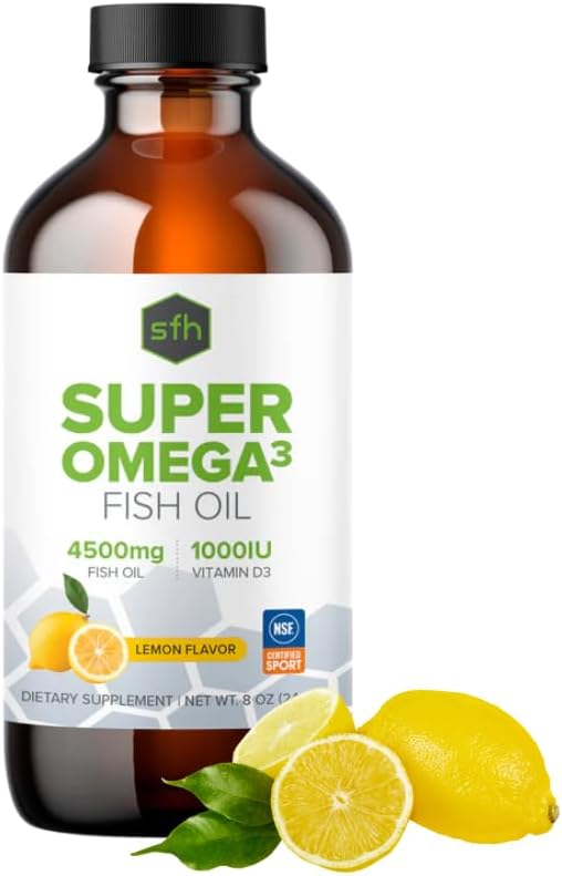 SFH Super Omega 3 Lemon Fish Oil Liquid + Vitamin D | Highly Concentrated 3400mg Omega 3s + 1000IU Vitamin D3 | Sustainably Sourced Alaskan Pollock | Spill-Proof Lids | 8oz