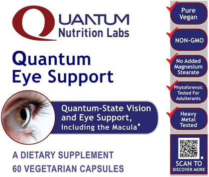 Quantum Nutrition Labs Eye Support - Eye Health Vitamins, Lutein and Zeaxanthin Eye Supplements for Adults and Seniors, Supports Macular Health, Contains Bilberry and Carrot - 60 Vegetarian Capsules
