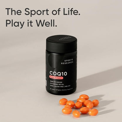 Sports Research CoQ10 200mg Capsules - Premium Coenzyme 10 Supplement with Coconut MCT Oil - Vegan Certified, Non-GMO Verified & Gluten Free - 90 Veggie Softgels