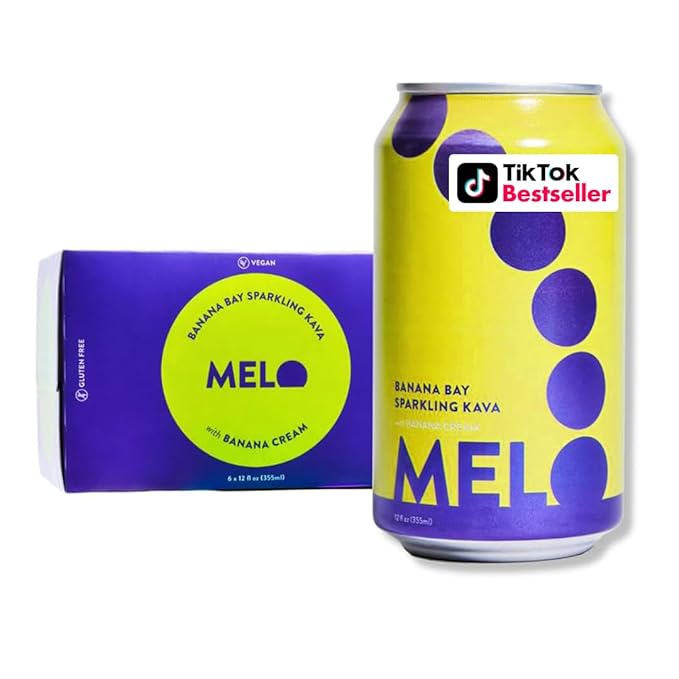 Melo Sparkling Kava Drink, Banana Cream, Sugar Free Non Alcoholic Drinks with Zero Calories, Gluten Free, Vegan, 100% Natural Mocktail with 100mg Kava Root per Drink, 6 Pack, 12 oz Cans