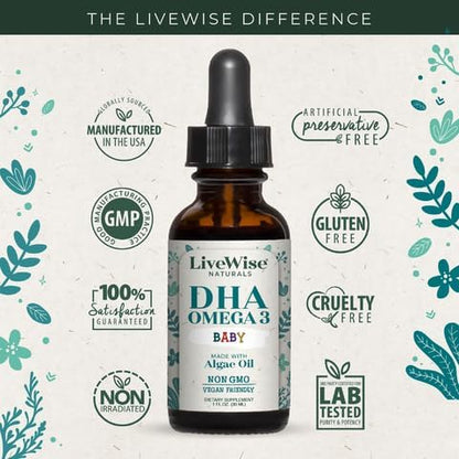LiveWise Naturals DHA Omega-3 Liquid Drops, Suppplement for Infants and Toddlers, Vegan-Friendly, Great-Tasting Omega-3 Supplement with Pure Orange Oil, Promotes Healthy Brain, Eyes, and Body Defense