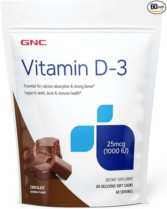 GNC Vitamin D-3 Soft Chews 1000IU - Chocolate | Provides 125% of The Daily Value of Vitamin D | 60 Soft Chews
