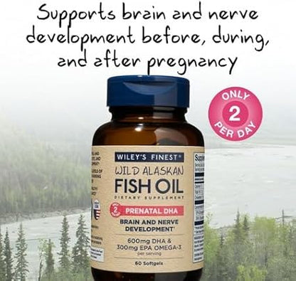 Wiley's Finest Wild Alaskan Fish Oil Prenatal DHA - 900mg EPA and DHA Omega-3s for Pregnant Women and Nursing Mothers - 60 Softgels (30 Prenatal Vitamin Servings)