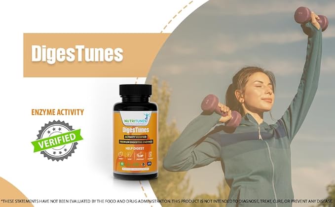 DigesTunes – Premium Digestive Enzymes to easily digest Carbs, Fats, Proteins & Lactose - Supports after-meal Bloating & Discomfort Relief – Food Grade Multi Enzyme Vegan Supplement, 60-Day Supply