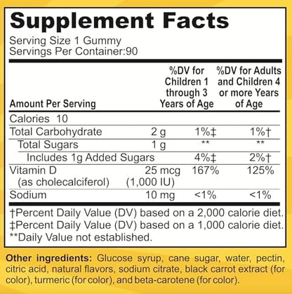 Feel Great Kids Vitamin D3 1000 IU Gummies | Kids Vitamin D Gummies for Healthy Bones, Mood, & Immune Support | Citrus Flavored Vegetarian D3 Gummies | 90 Day Supply
