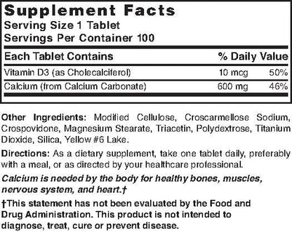 Nature's Blend Calcium Carbonate 600 mg with D3 400 IU 100 Tablets,(Pack of 1), 079854016819