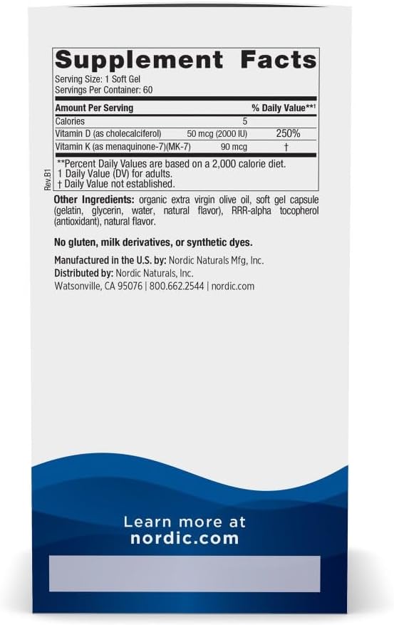 Nordic Naturals Vitamin D3 + K2, Orange Taste - 60 Soft Gels - Synergistic Support for Bones, Immune Function & Calcium Balance - Non-GMO - 60 Servings