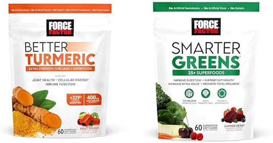 Force Factor Better Turmeric Joint Support Supplement for Extra Strength Joint Health & Smarter Greens Superfood Chews, Greens and Superfoods with Probiotics, Antioxidants