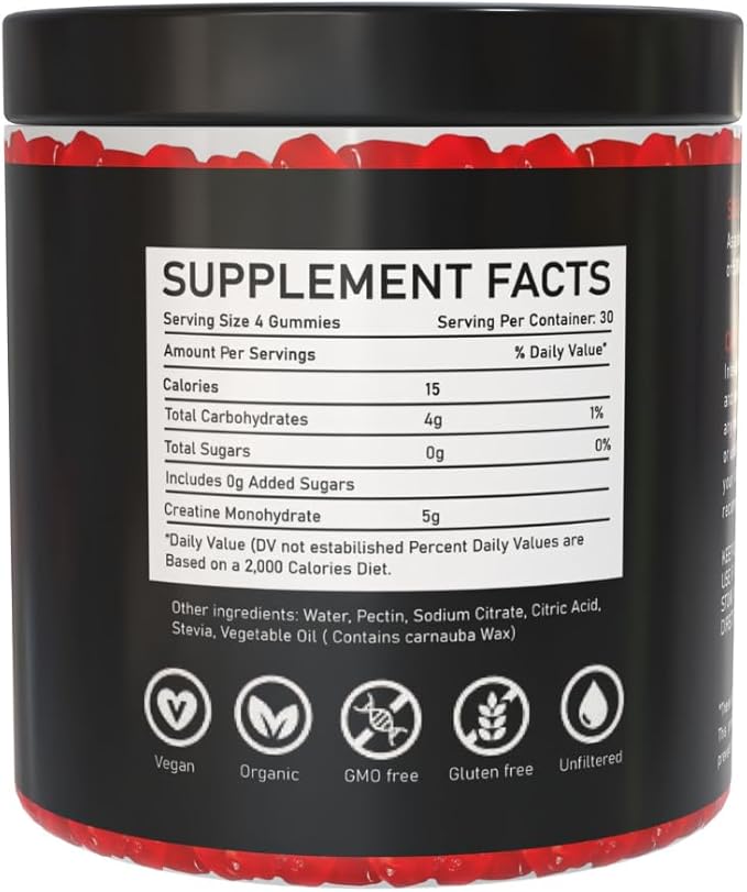 Creatine Monohydrate Gummies - 120 Gummies / 30 Servings | Strawberry Flavor | for Muscle Mass & Strength | 100% Pure - Zero Sugar