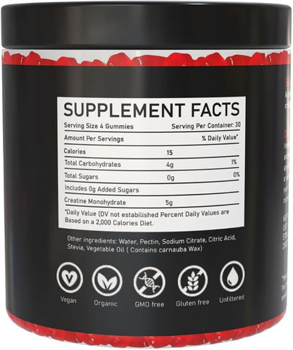 Creatine Monohydrate Gummies - 120 Gummies / 30 Servings | Strawberry Flavor | for Muscle Mass & Strength | 100% Pure - Zero Sugar