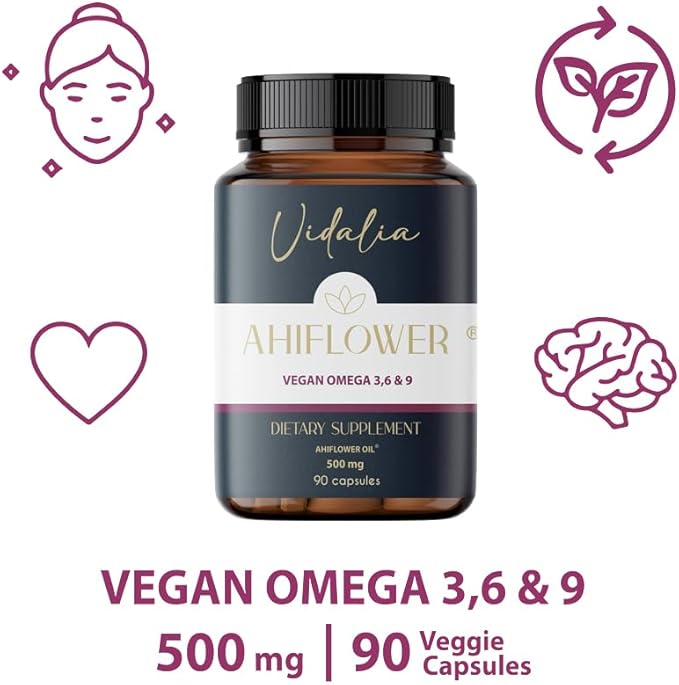 Ahiflower Oil Vegan Omega 3, 6 & 9. 90 Capsules. Vidalia by The Mix Superfoods. 45 Servings. Excelent Sustainable Source. Vegan 100%. NO Fish