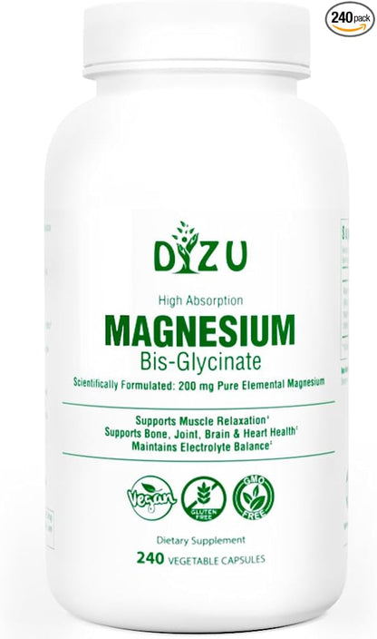 Dizu - Magnesium Bisglycinate 200 mg, Pure Elemental Chelated Complex, Supports Sleep, Muscle, Bone, Heart & Energy Metabolism, with Glycine & Oxide, Vegetable Capsules
