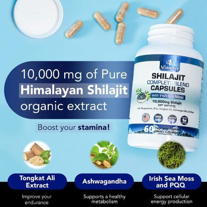 Pure Himalayan Shilajit for Men & Women - Boost Stamina, Athleticism, Support Metabolism & Energy | 10,000mg Shilajit Ashwagandha Supplements + Irish Sea Moss, Tongkat Ali, PQQ & More - 60 Capsules