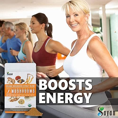 Sayan 7 Mushrooms USDA Organic Extract Powder Blend Supplement 4 oz / 113g - Chaga, Reishi, Cordyceps, Maitake, Shiitake, Lion's Mane and Turkey Tail, No Fillers, Add to Coffee or Tea, Fruiting Body