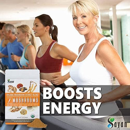 Sayan 7 Mushrooms USDA Organic Extract Powder Blend Supplement 4 oz / 113g - Chaga, Reishi, Cordyceps, Maitake, Shiitake, Lion's Mane and Turkey Tail, No Fillers, Add to Coffee or Tea, Fruiting Body