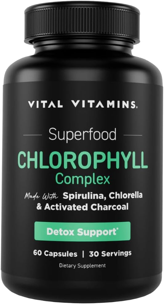 Vital Vitamins Chlorophyll Pills - Body Deodorizing Supplement - Made with Spirulina, Chlorella, Organic Parsley, Mint, & Activated Charcoal - Defeat Odor Naturally - for Women & Men - 60 Capsules