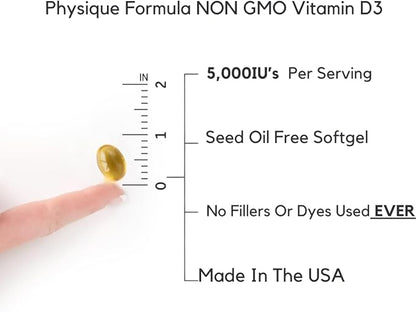 Physique Formula Vitamin D3 5000 IU (125 mcg) in Olive Oil All Natural Non-GMO Vitamin D3 Softgels to Support Muscle, Bone,& Immune System Health