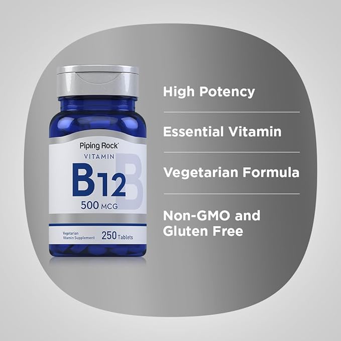 Piping Rock Vitamin B12 | 500 mcg | 250 Tablets | Supplement for Women and Men | as Cyanocobalamin | Vegetarian, Non-GMO, Gluten Free