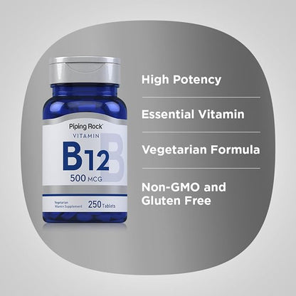 Piping Rock Vitamin B12 | 500 mcg | 250 Tablets | Supplement for Women and Men | as Cyanocobalamin | Vegetarian, Non-GMO, Gluten Free