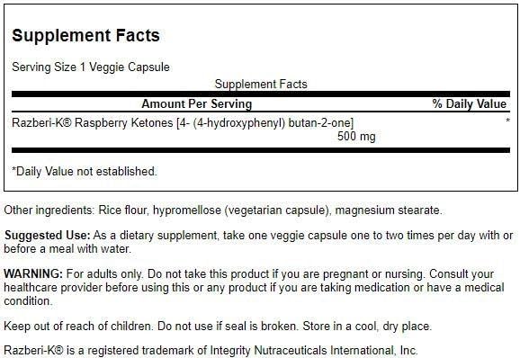 Swanson Maximum Strength Razberi-K 500 Milligrams 60 Veg Capsules